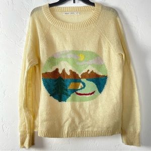 Woolrich‎ Sweater Crew Neck Pullover Knit Ribbed Mountain Outdoor Printed Cream